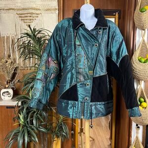 Vintage 90s Velvet Abstract Jacket XL | Teal Green Quilted Art Deco Statement